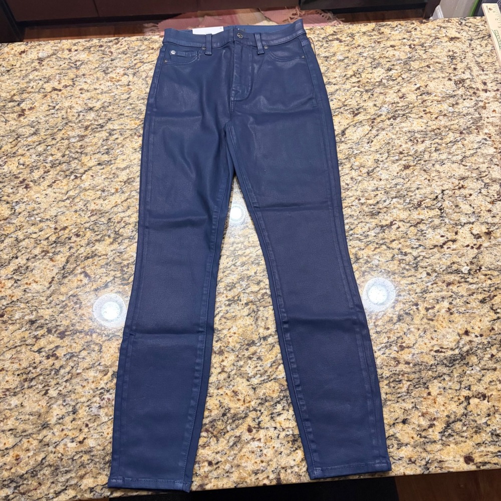 7 For All Mankind High Waist Ankle Skinny Coated Navy Blue Jeans 25 ws